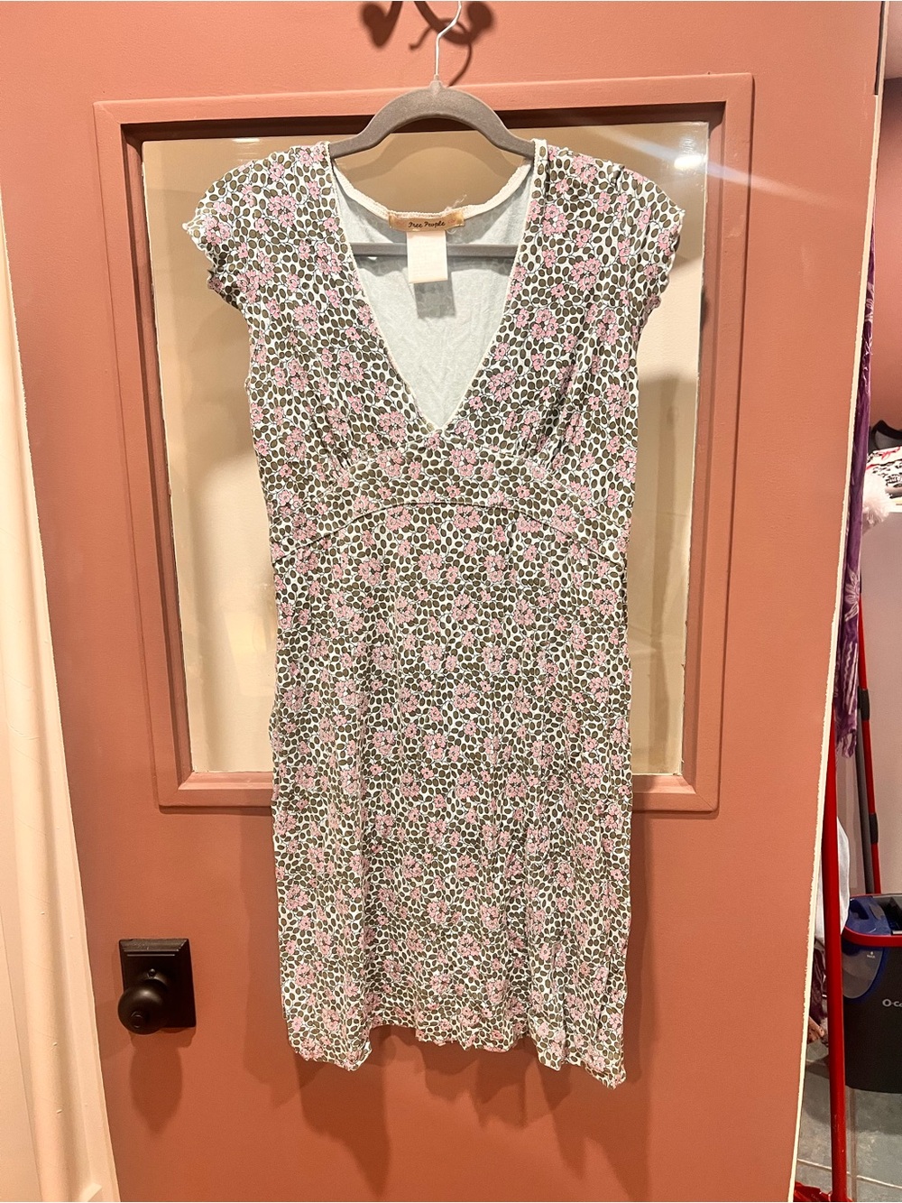 Free People Pink & Green Floral V-Neck Cap Sleeve Dress